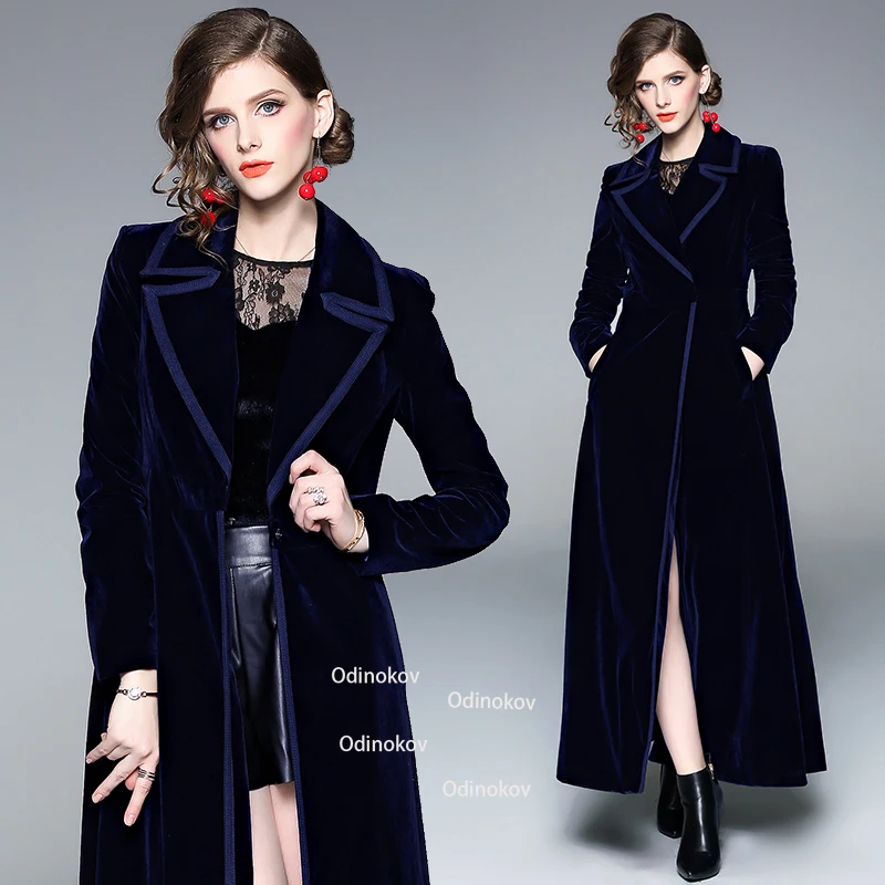 

Velvet Trench Coat for Women Blue Long Skirt Jackets Winter Clothes Casacos De Inverno Feminino