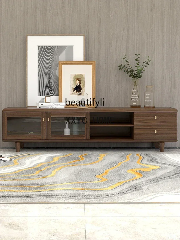 Solid Wood TV Cabinet Simple Modern Light Luxury Walnut Storage Small Apartment Living Room Log Furniture living room