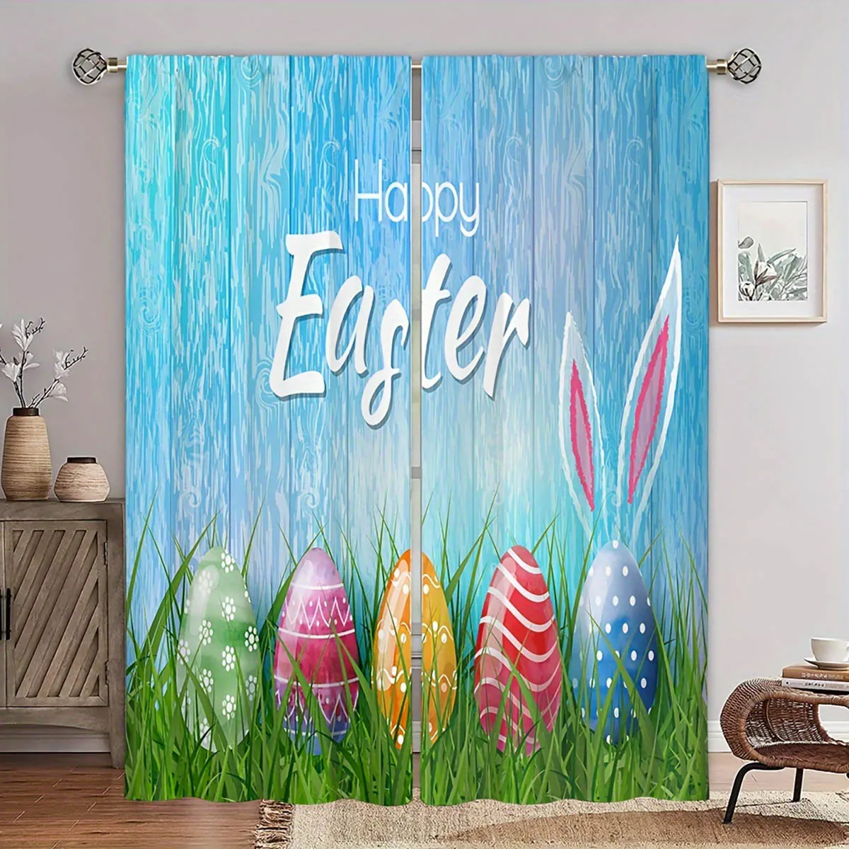 2 Pieces Blue Wood Cartoon Colorful Egg Printed Curtains Bedroom Living Room Kitchen Easter Decorative Curtains