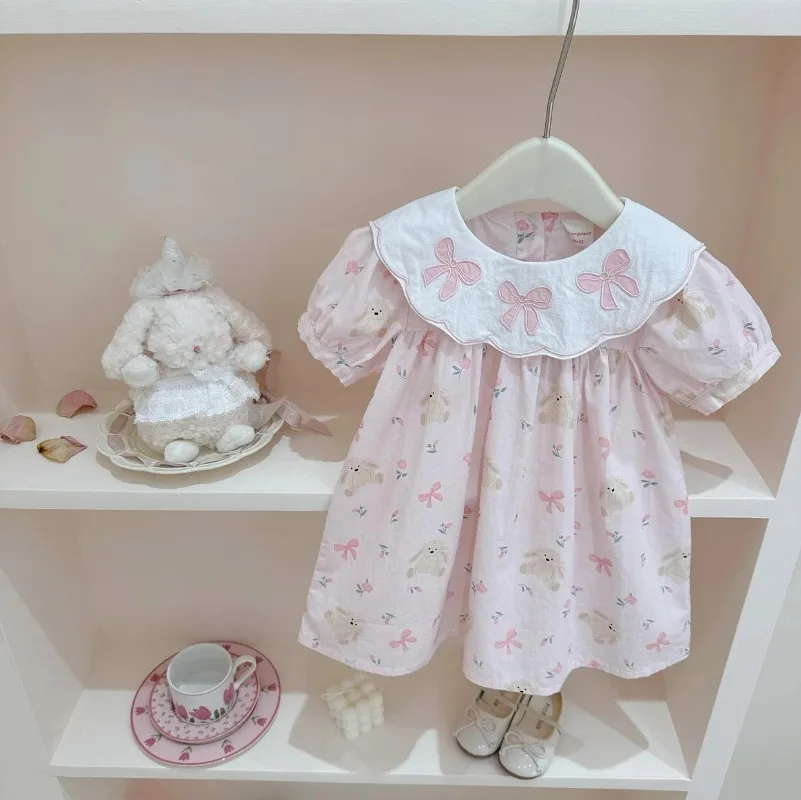 Summer 2024 Kids Clothes for Baby Girls Dress Cute Cartoon Rabbit Bow Floral Dress Sweet Party Dresses Lolita Dress 2-8y