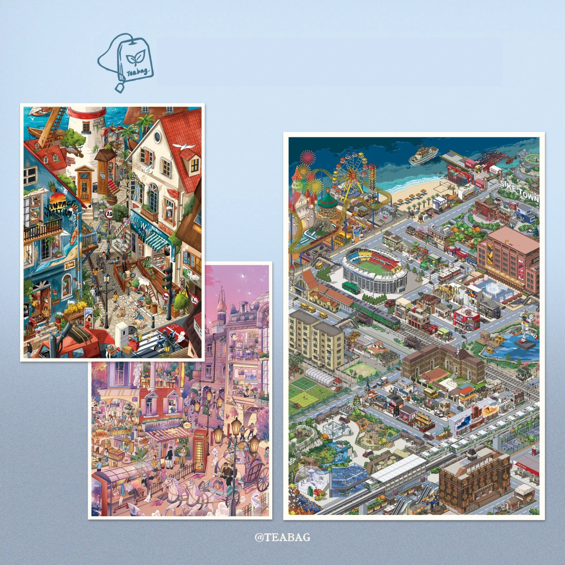 Isometric Mini Town Diorama Scene Stickers, 2.5D Seaport, Castle & Coastal Amusement Park City Landscape Stickers, Rich Building