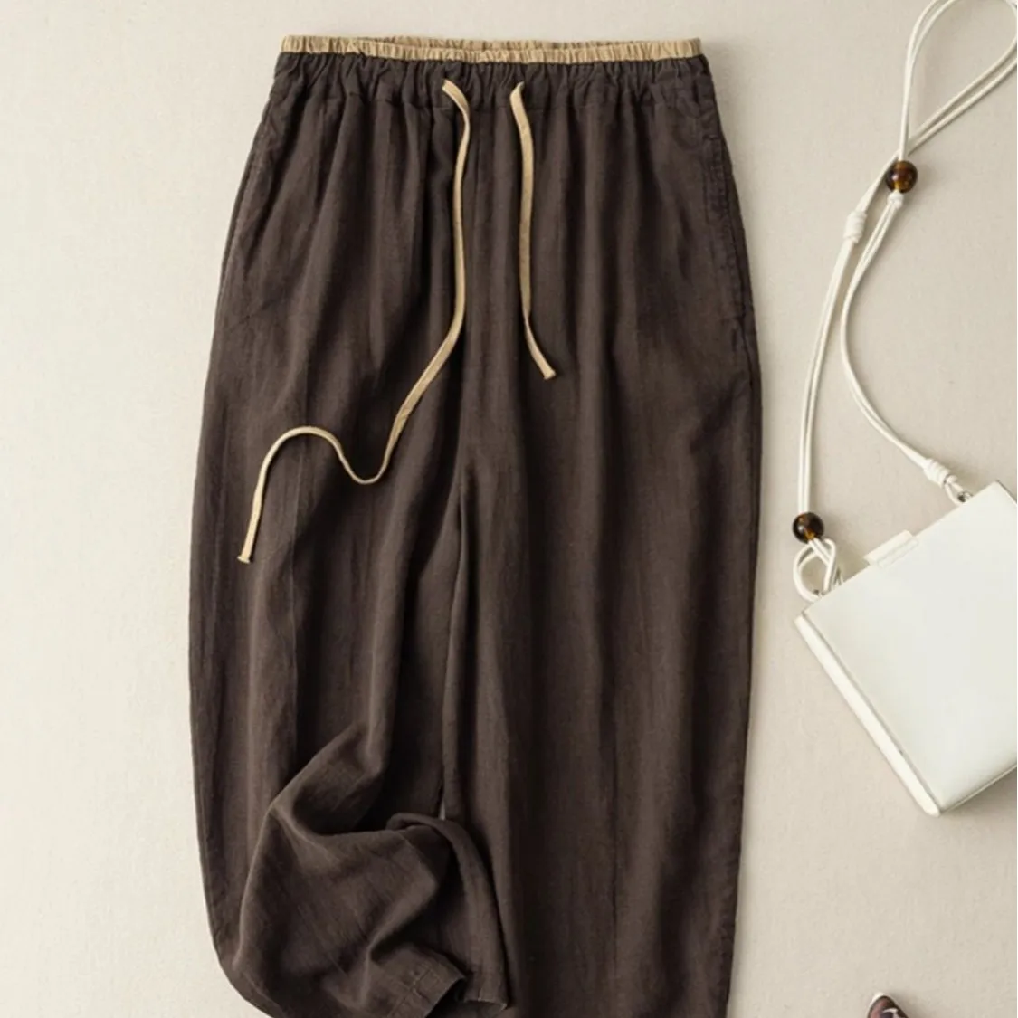 XIZOU Retro Cotton Linen Wide Leg Pants Women Summer Loose Color Versatile Drapey Slimming Nine Points Casual Trousers