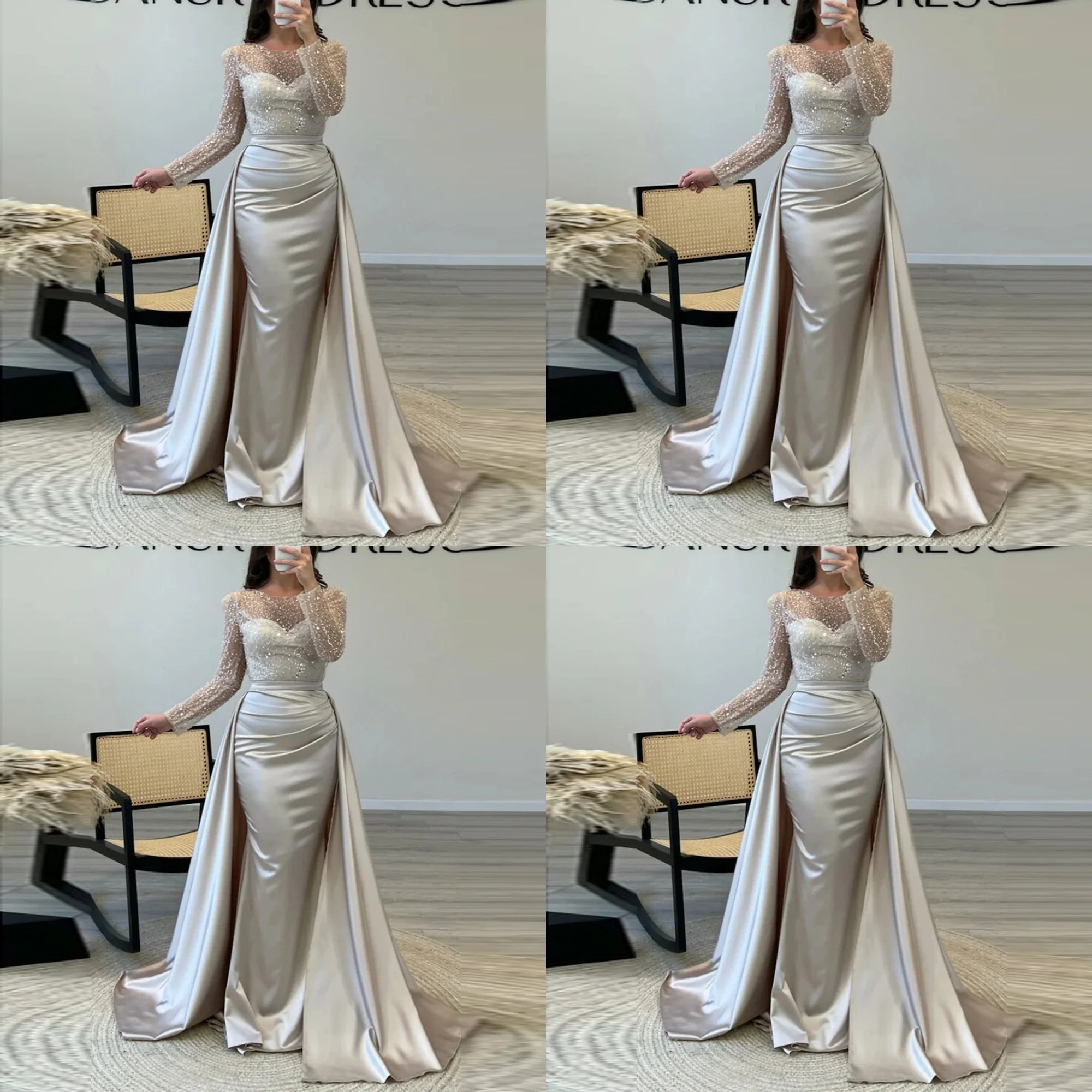 فستان سهرة رسمي برقبة دائرية من الساتان والترتر اللامع حورية البحر بدون ظهر وأكمام طويلة لحفلات الزفاف مع سويب تراين مخصص