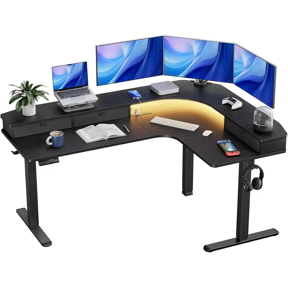 

Ergonomic L-Shaped Electric Desk with 3 Drawers, Adjustable Height, Power Outlets & LED Lighting, Black