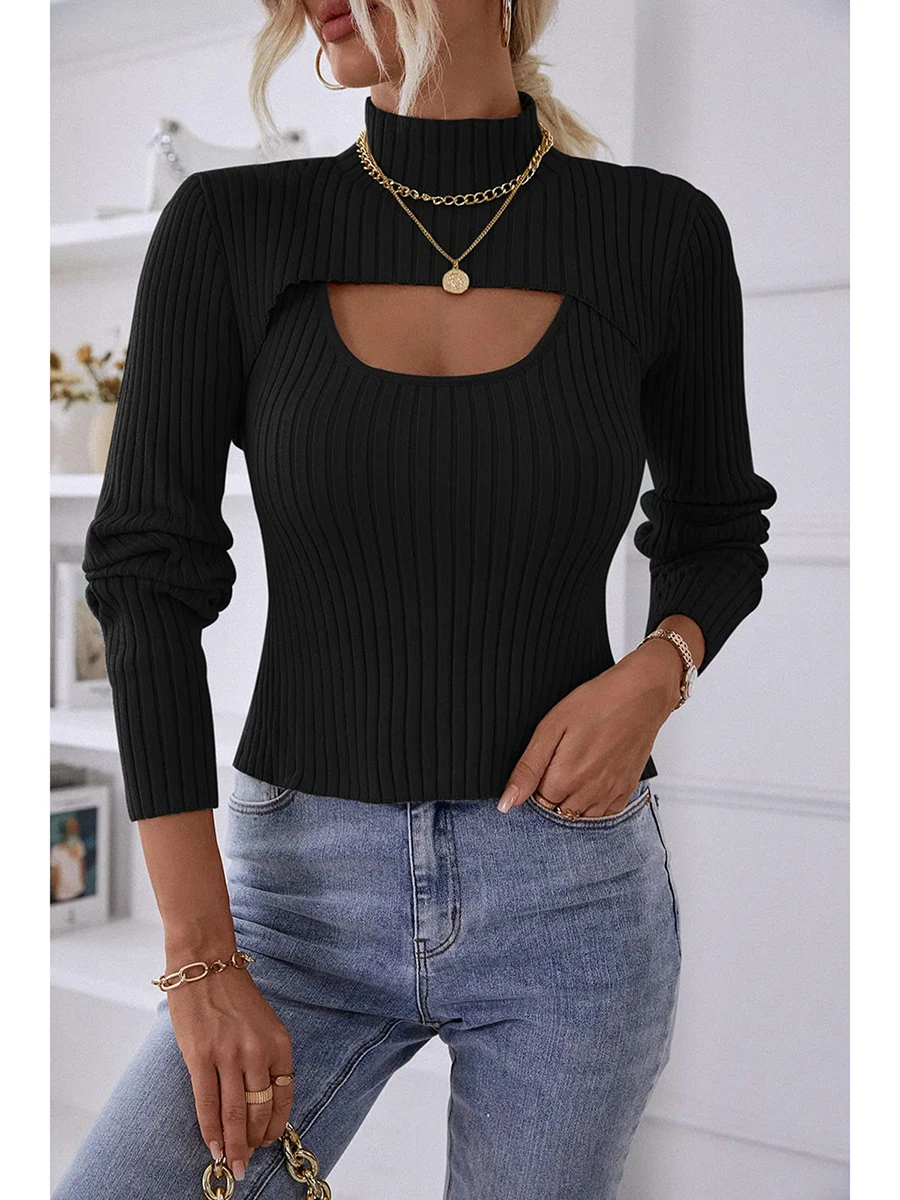 Women Sweaters Knit Tops 2 Piece Cutout Long Sleeve Lightweight Mock Neck Cami Vest Rib Knit Slim Fit Pullover Sweater