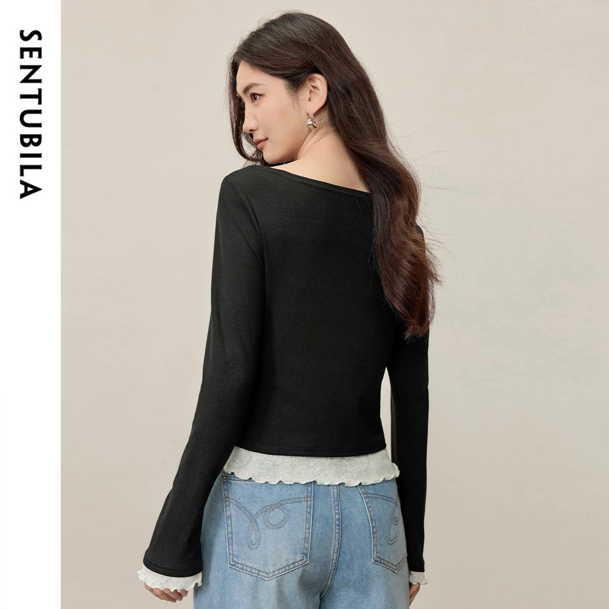 Sentubila roupas femininas rendas emenda malha topo 2025 outono inverno elegante comute slash neck pullovers 153sh2838