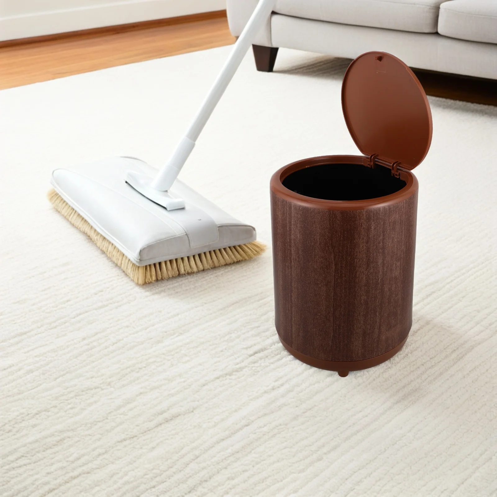 

12L Round Plastic Wood Grain Trash Bin Lidded Slim Design Garbage Can For Bathroom Bedroom Office Home Hotel Floor Waste Basket