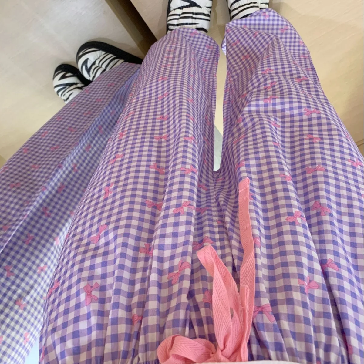 

Knitted Pure Cotton Sweet and Cute Checkered Bow Sleeper Pants Loose and Comfortable Home Pants