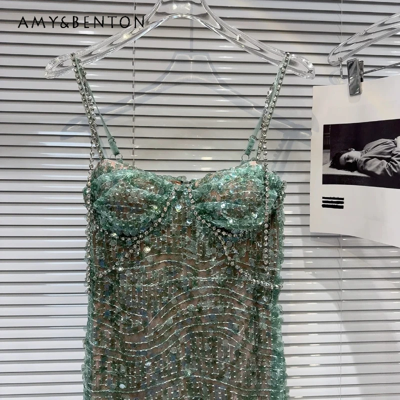 

Green Bead Piece Women's Sling Dress Heavy Industry Rhinestone Chain 2026 New Hot Girl Slim Thin Sexy Temperament Dresses Ladies