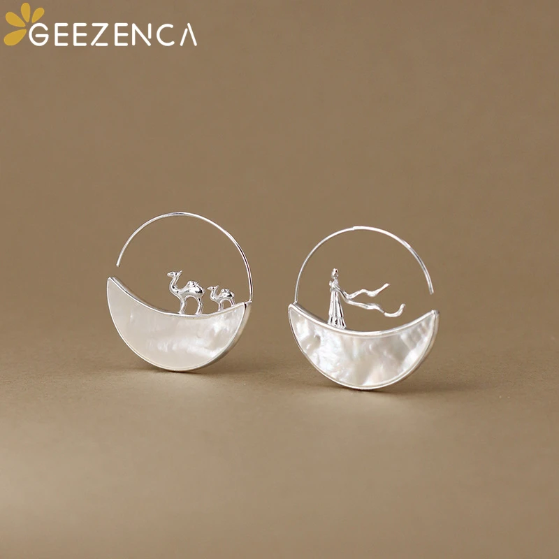 GEEZENCA White Mother of Pearl 925 Silver Hoop Earrings Women AB Asymmetry Figure Camel Silk Road Vintage Chic Earring 2023 New