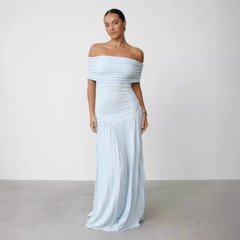 Elegant Shawl Pleated Diamonds Long Dress Women Sleeveless High Waist Slim Patchwork Evening Dresses 2025 Summer Chic Lady Robe