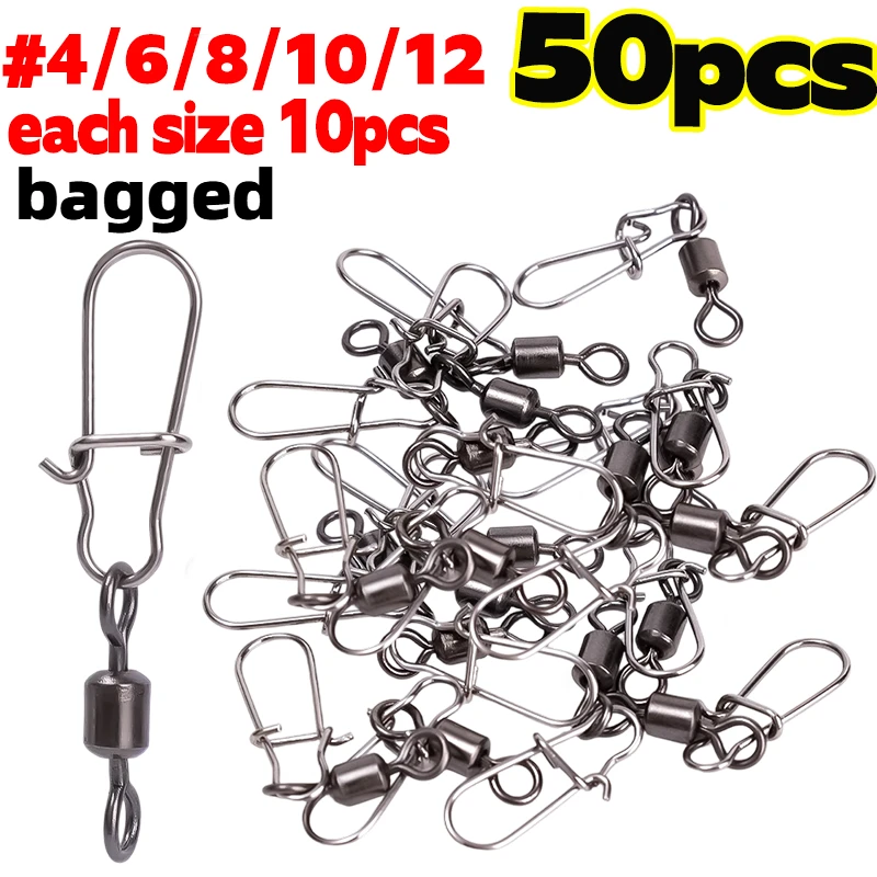 # 4/6/8/10/12 Vissen Connector Pin Lager Rolling Swivel Roestvrij Snap Vishaak Lokken Swivels Visgerei Accessoires 50PCS