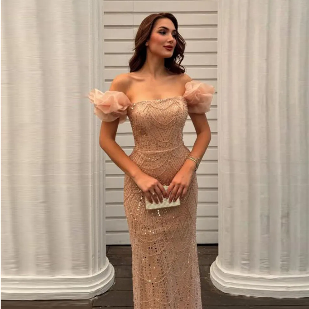Aangepaste glitter pailletten avondjurken knop mouwen kralen galajurk 2025, off-the-shoulder bodycon jurk vloerlengte