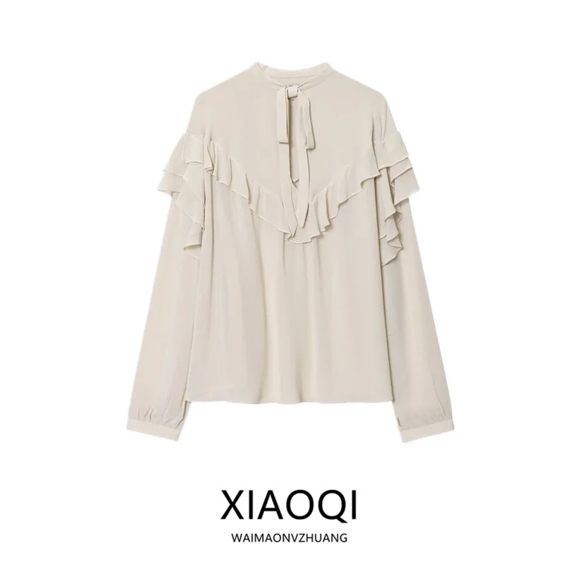 

Autumn 2025 Women's Faion Design Knot Layered Decoration irt Loose Fit Long Sve Collar Button down European ...