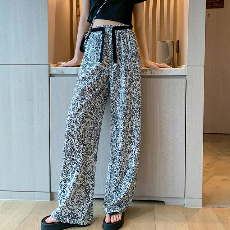 

High Waist Chiffon Ink Pants Women Korea Style Wide-leg Full Length Loose Trousers Summer Fashion Versatile Casual Pants Female