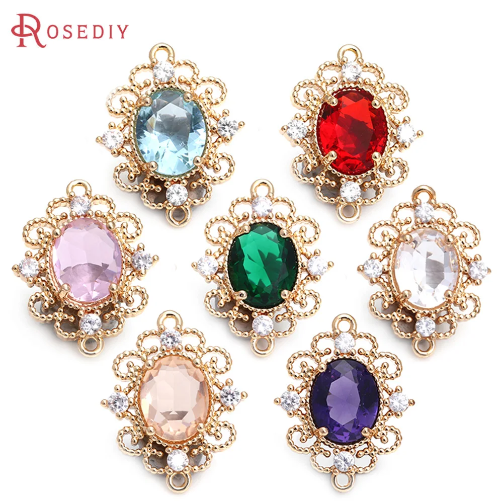 6PCS 17x22MM High Quality Champagne Gold Color Brass and Zircon and Glass Oval Shape Connect Charms Pendants Diy Jewelry Making