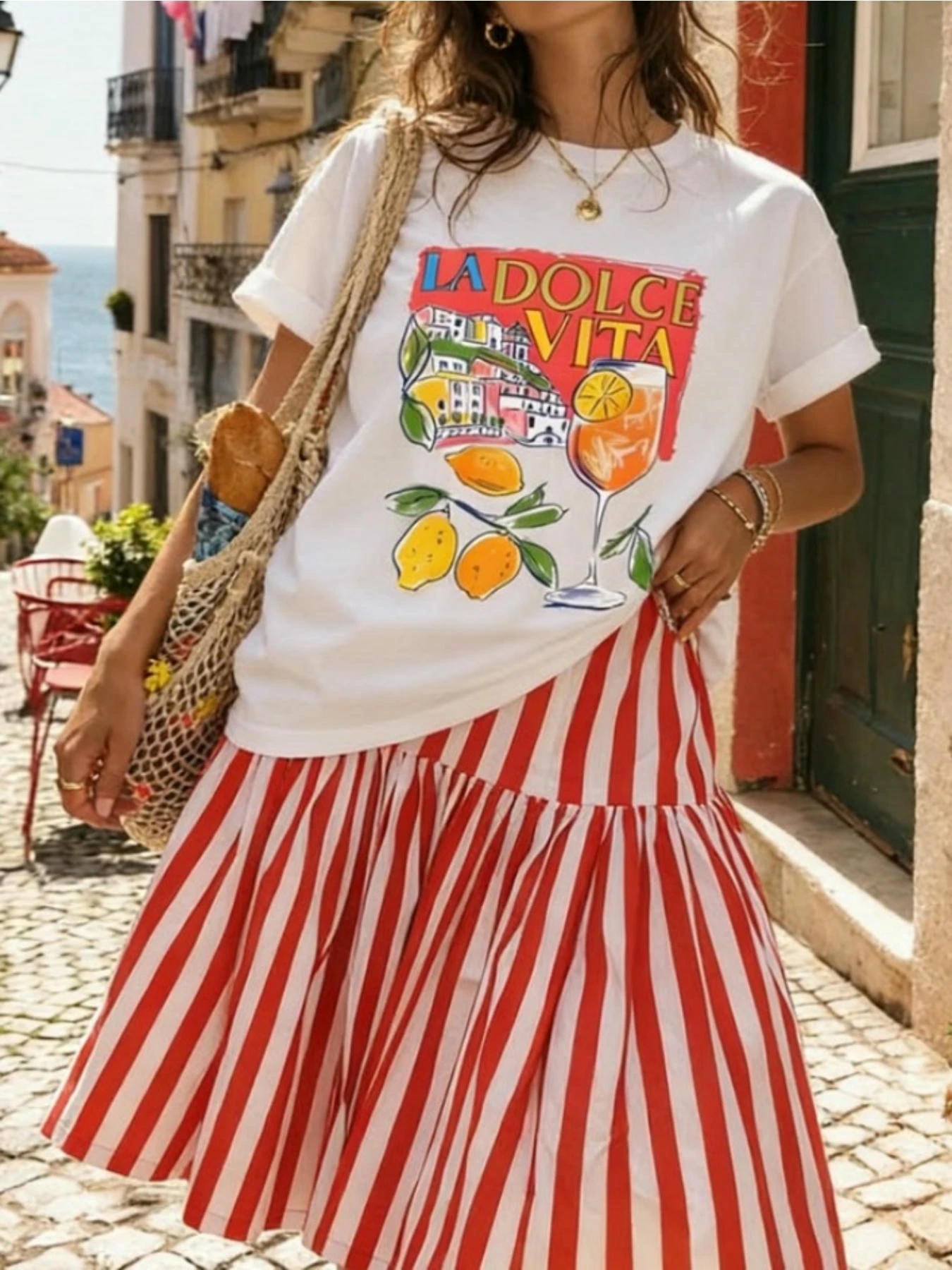 La Dolce Vita Print Women's T-shirt Lemon Cocktail Crew Neck Top Apparel Summer Mediterranean Island Resort Wear Women Clothing