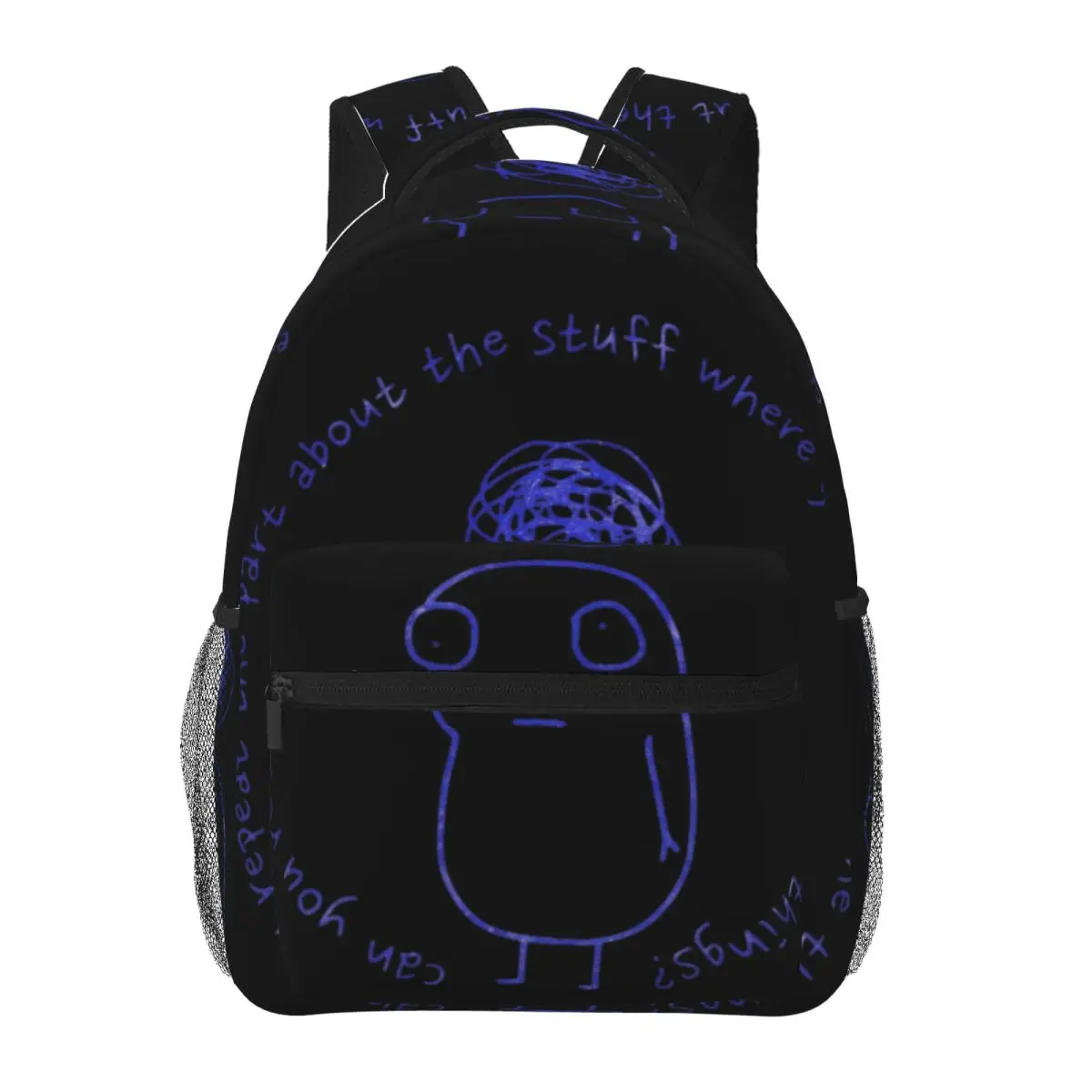 Positive Print School Backpack Center Scribble Blob Character Quote Funny Doodle Meme Blue White Comic Bookbag for Teens College
