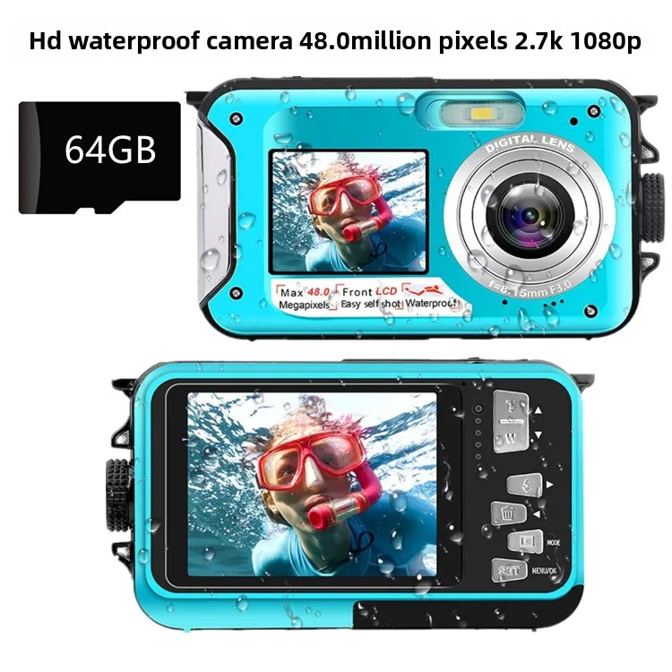 2.7K FHD Waterproof Digital Snorkeling Camera 48MP Underwater Video Recorder with Dual Screen SD Card Memory CMOS Selfie Feature