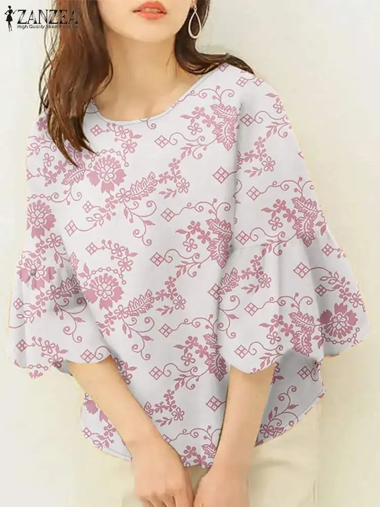 ZANZEA Korean Fashion O Neck Blouses Autumn 2024 Floral Print Women Elegant Blusas Mujer 3/4 Flare Sleeve Casual Shirts Tops