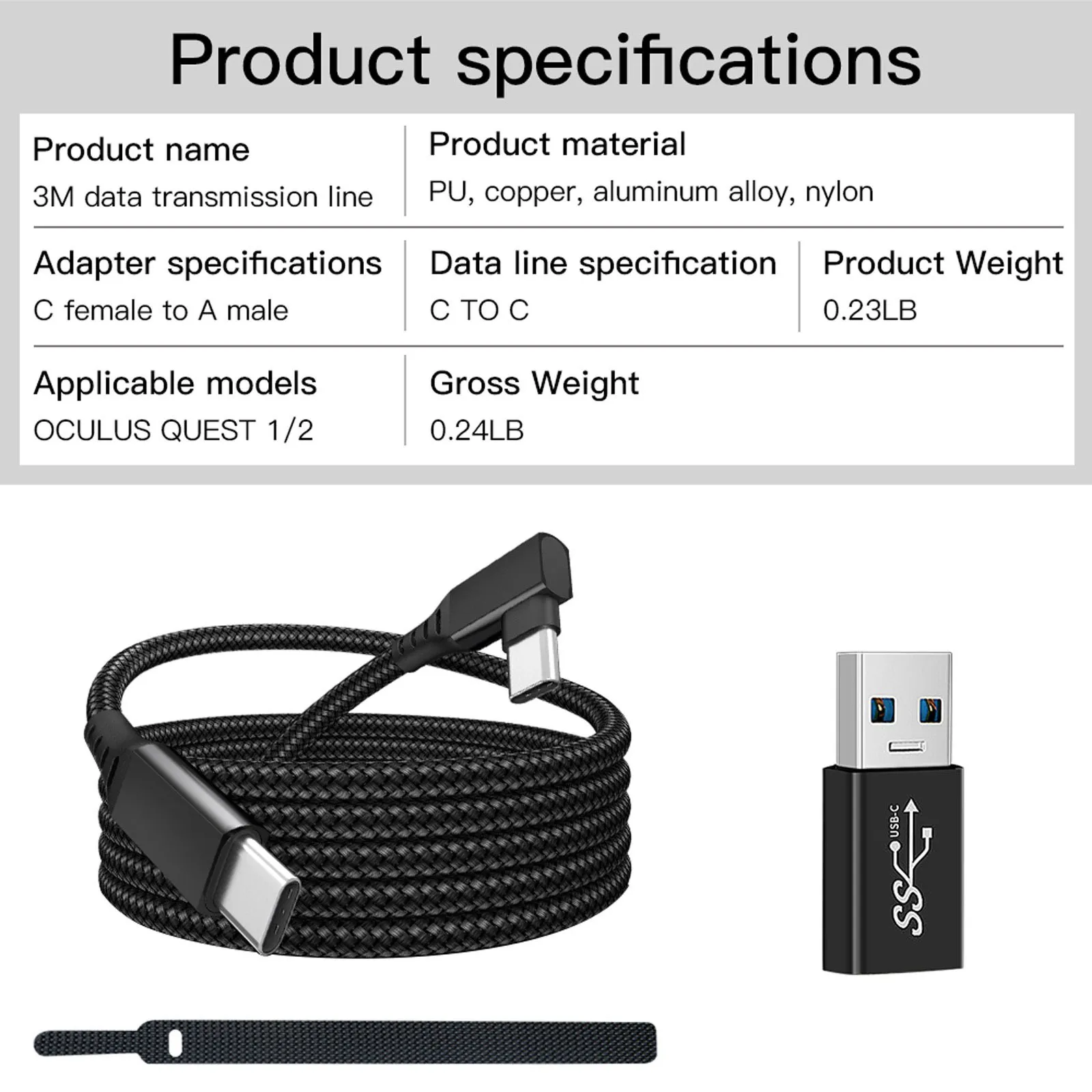 Data Line Charging Cable for Oculus Quest 2 Link USB 3.1 Type C Data Transfer USB-A to Type-C Cable 20V 3A Charger,A