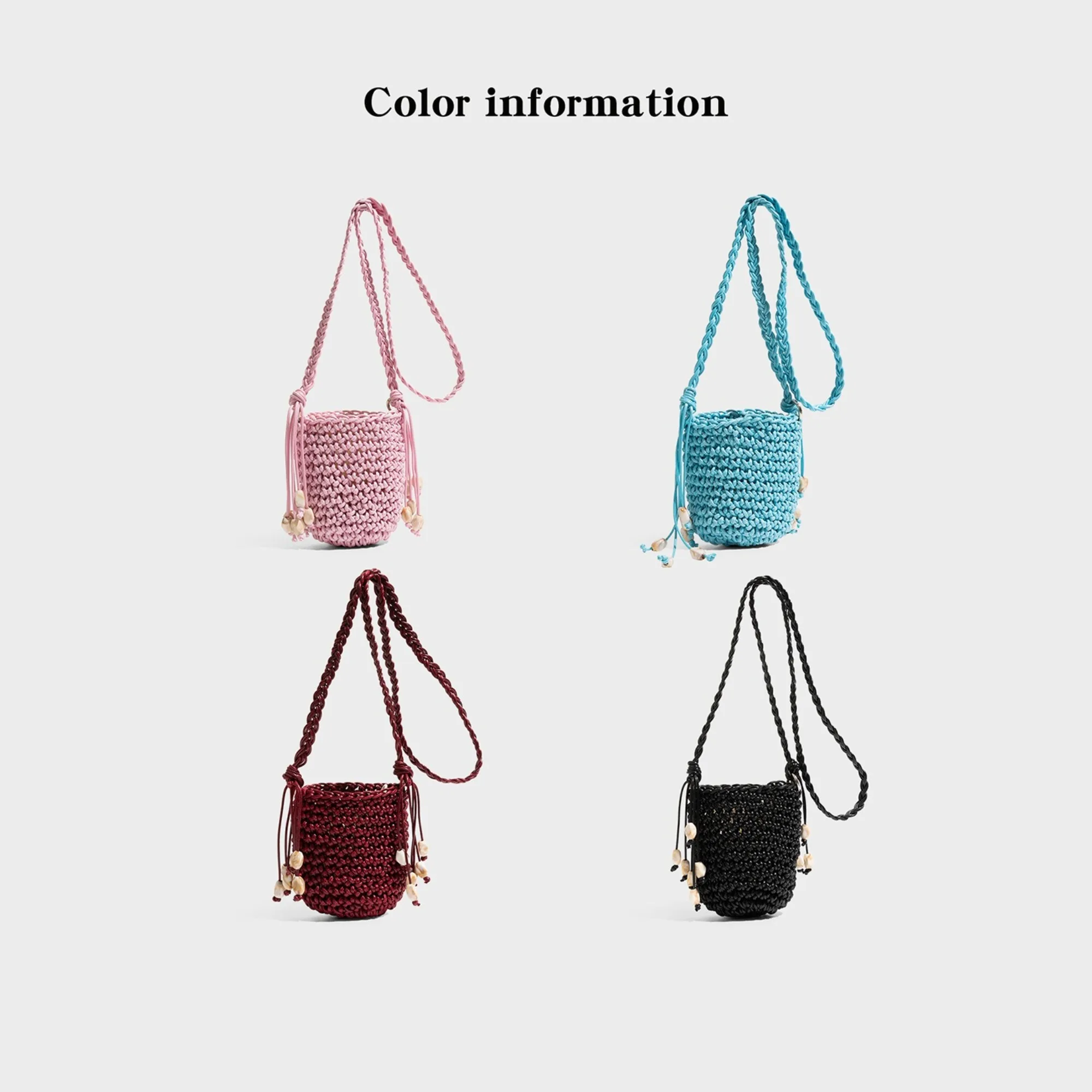 CKKUI Ladies' Cute Pink Woven Straw Bucket Bag, Portable Shell Tassel Crossbody Bags, Mini Summer Beach Handbag