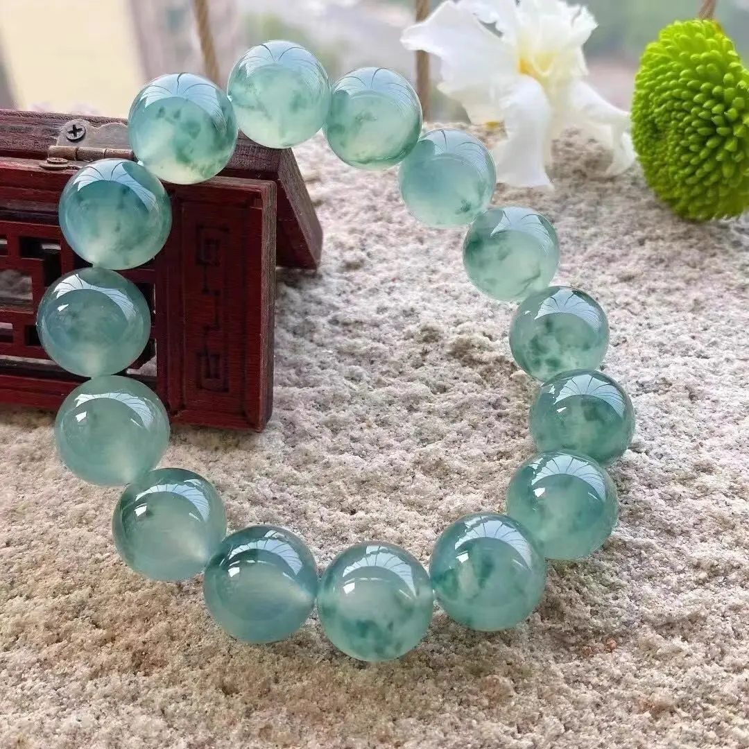 Bracciale fiore galleggiante tipo ghiaccio in giada birmana, braccialetto da donna in giada verde olio a cerchio singolo