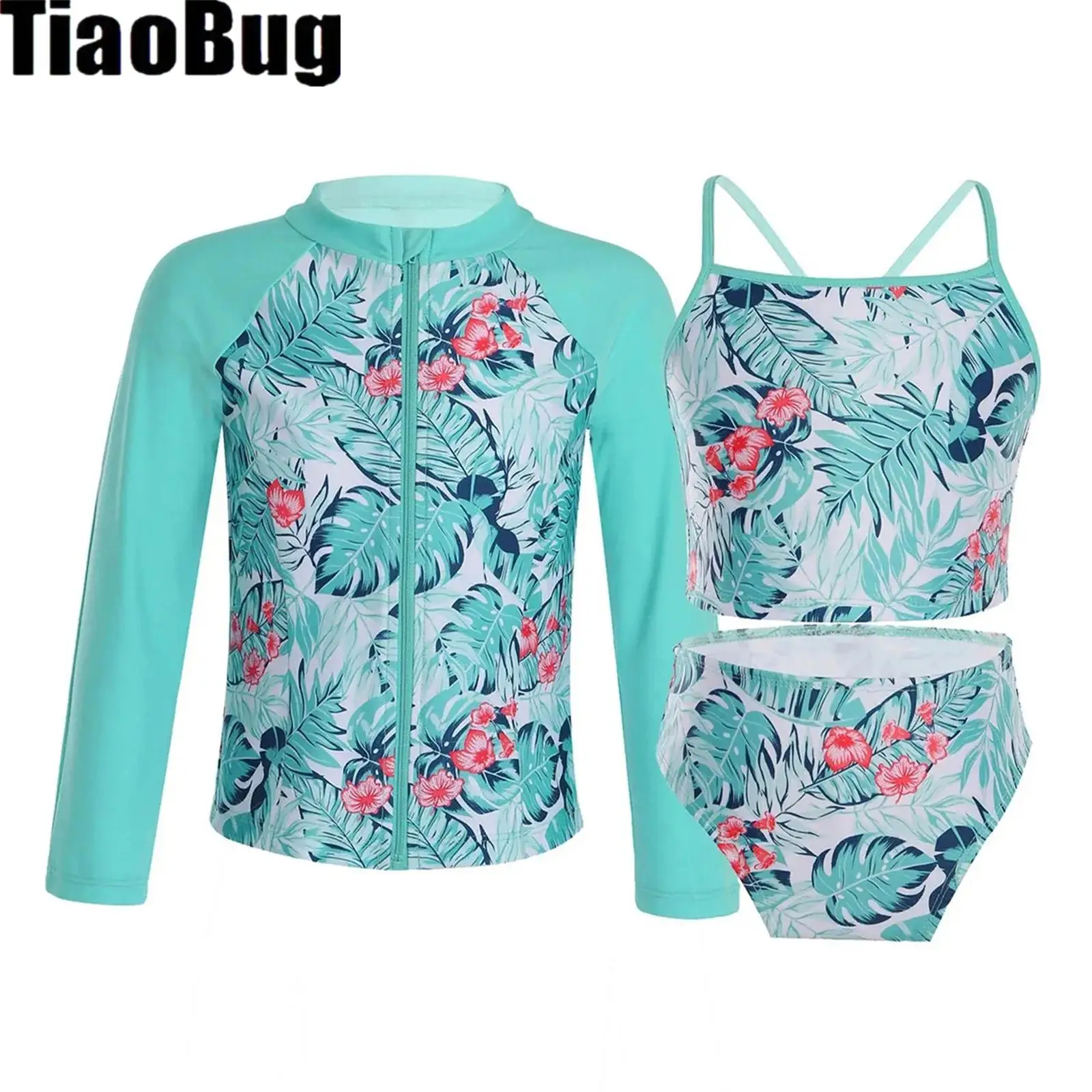 Kids Girls Swimwear Straps Sleeveless Tops with Briefs And Long Sleeves Front Zipper Closure Coat Set Beach Bathing Suits