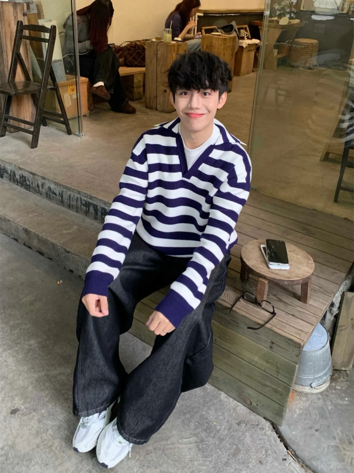 

Мужской зимний трикотажный свитер оверсайз с сине-белыми полосками и воротником-пингвином, базовый слой, повседневный, удобный, теплый, с длинными рукавами