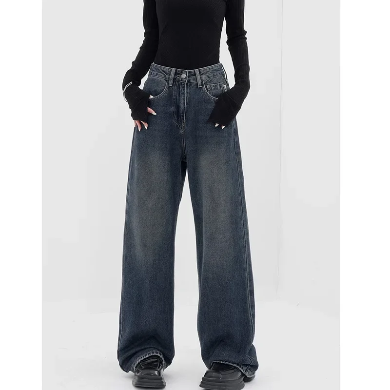 Jin Qian American Style Vintage Deep Blue Wide-Leg Jeans Women's Loose-Fit Straight-Leg Denim Trousers New Spring Summer 2024