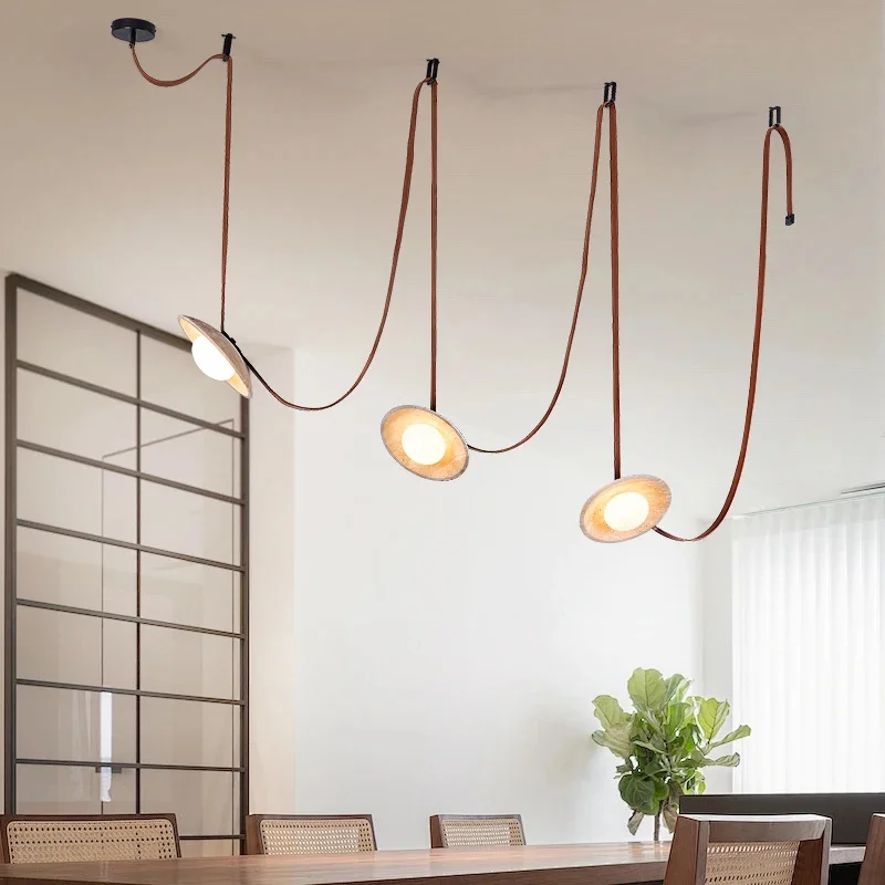 Wabi Sabi Style Yellow Cave Stone Chandelier Retro Leather Belt Decor Pendant Light for Restaurant Living Room Home Decor Lights