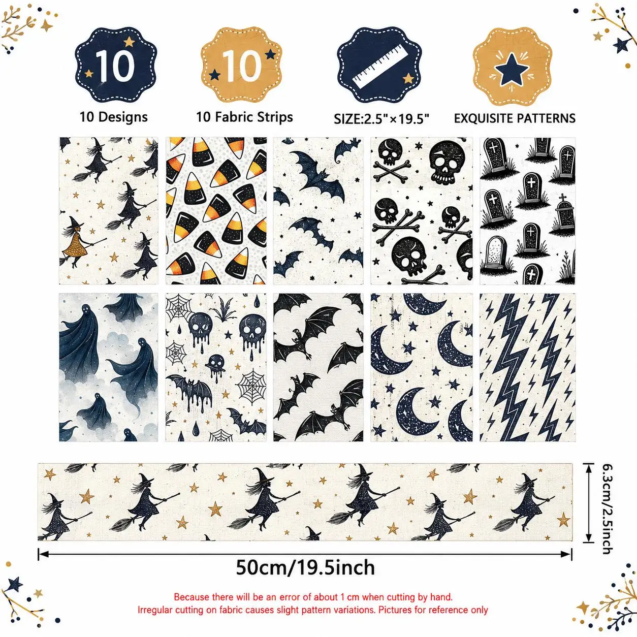 10pcs Bat Skull Halloween Jelly Roll Fabric Strips 2.5X19.7inch Pre-Cut Polyester For Patchwork Quilts, Table Runners, Placemats