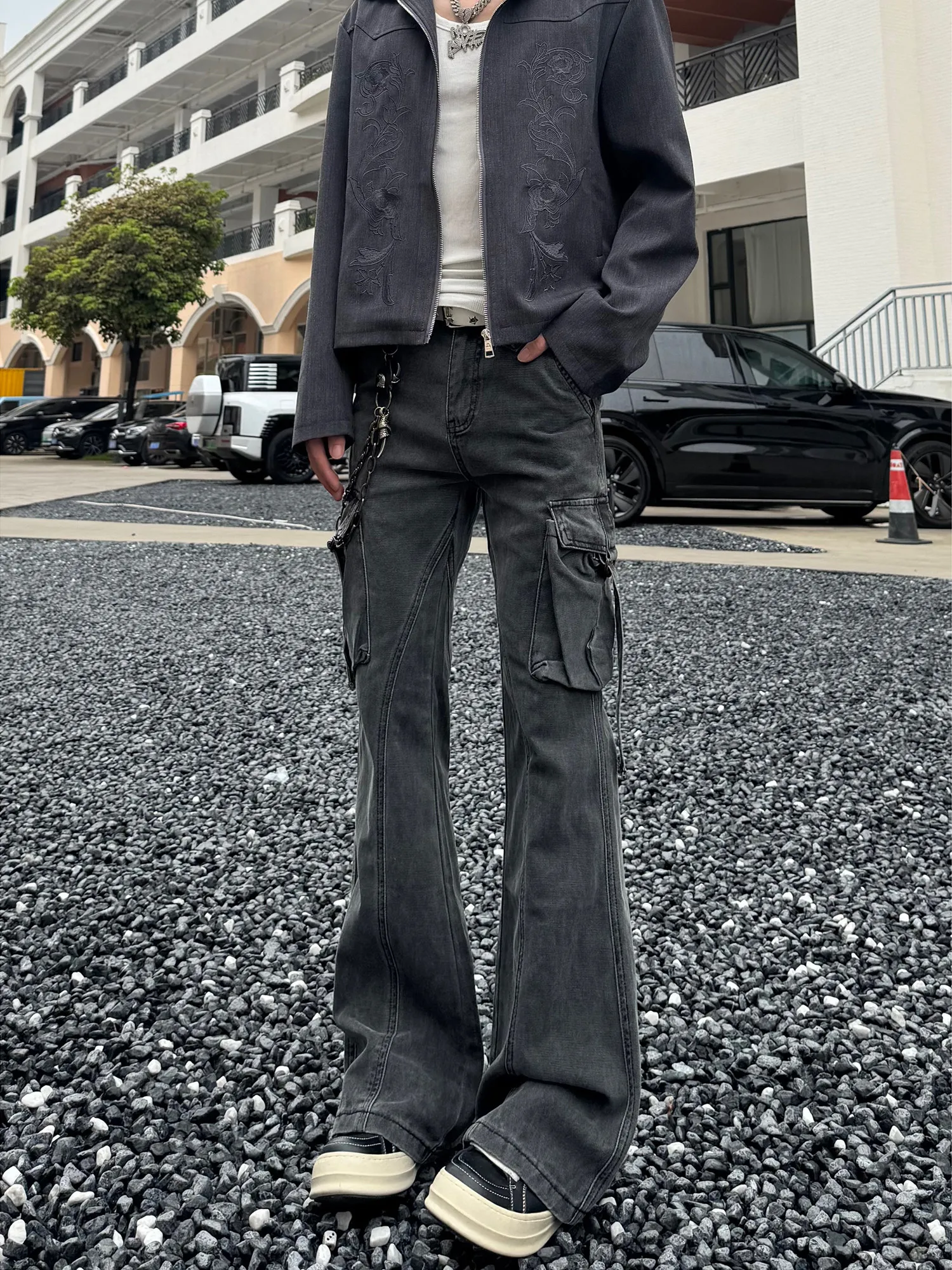 American Style Loose Flared Workwear Jeans Men's Cleanfit High Street Vibe Spring Autumn New Arrival Multi Pocket Belted Denim