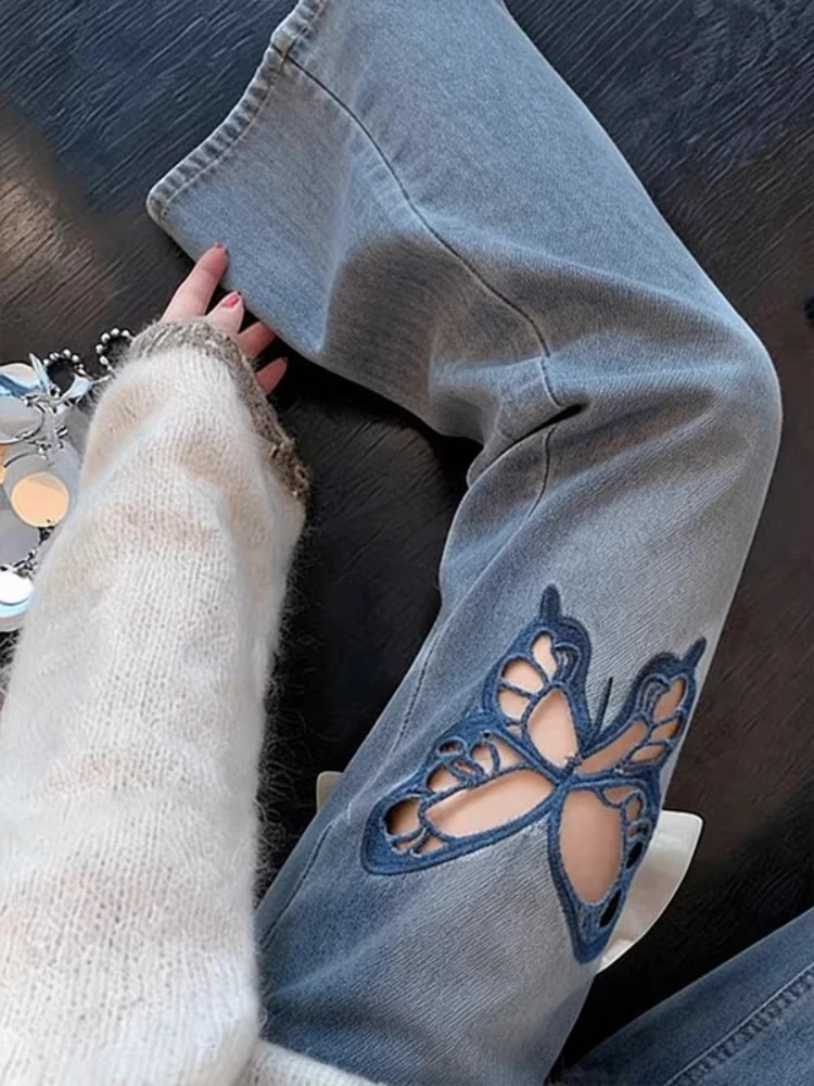 Blue  Embroidery Slim Fit Jeans Women's High Waist Hollow Design Summer Fashion Micro Flare Pants Stylish Casual Denim