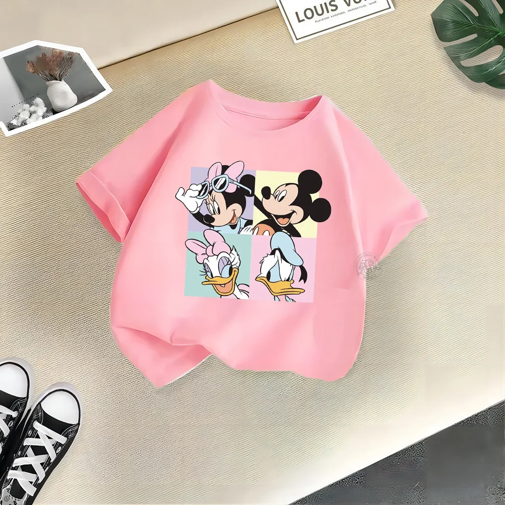 Disney Kids Summer 100% Cotton T-shirt Cartoon Mickey Minnie Fashion Print Teen T-shirt Top Boys Girls Comfortable Casual T-shir