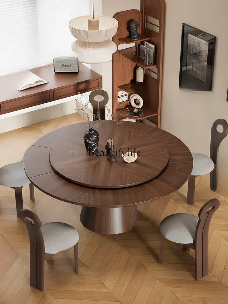 Deformation round Table Antique Style Solid Wood Rotating Retractable Dining Table Retro Folding