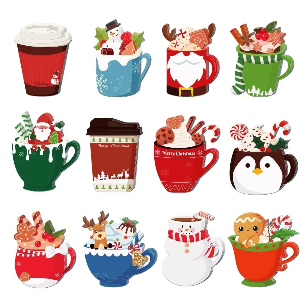 Self-Stick Tea Cup Note Pad Set Santa Claus Elk 12 Styles Christmas Sticky Notes Xmas Theme Stickers Christmas Gift Giving