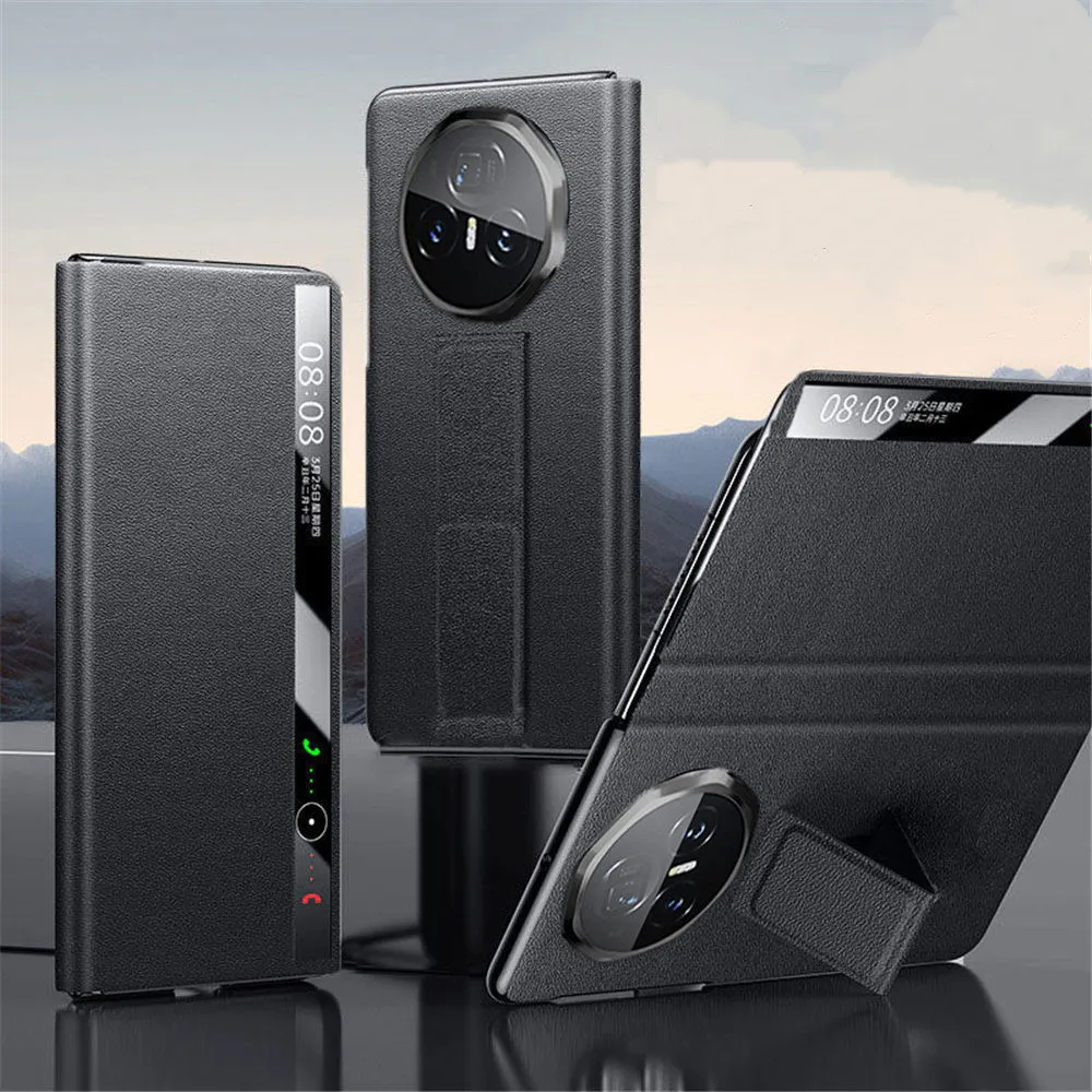 Магнитный чехол премиум-класса из воловьей кожи для Honor Magic V3, броневик с видом на окно