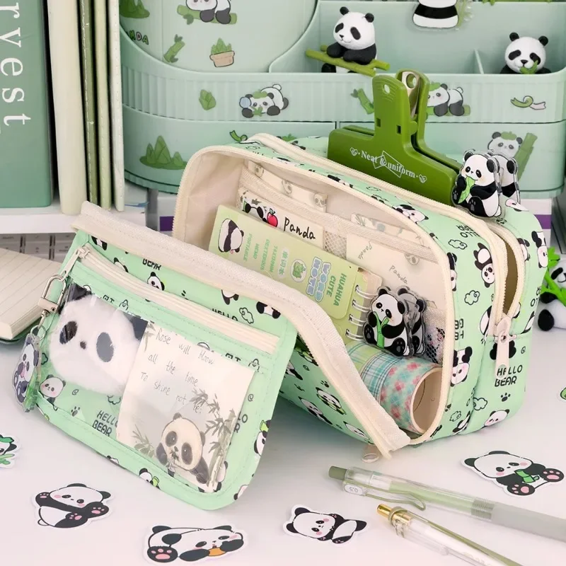 9-Layer Large Capacity Pen Bag Capybara/Panda Canvas Pencil Case Creative Simple Stationery Storage Pouch Lovely Student Gift