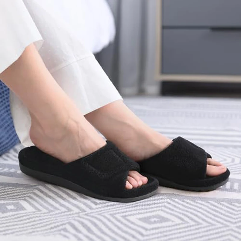 팔레네 겨울용 털 슬리퍼 여성용 정형외과용 아치 서포트 홈 슬라이드 오픈 토 논슬립 슬리퍼 벨크로 조절 가능