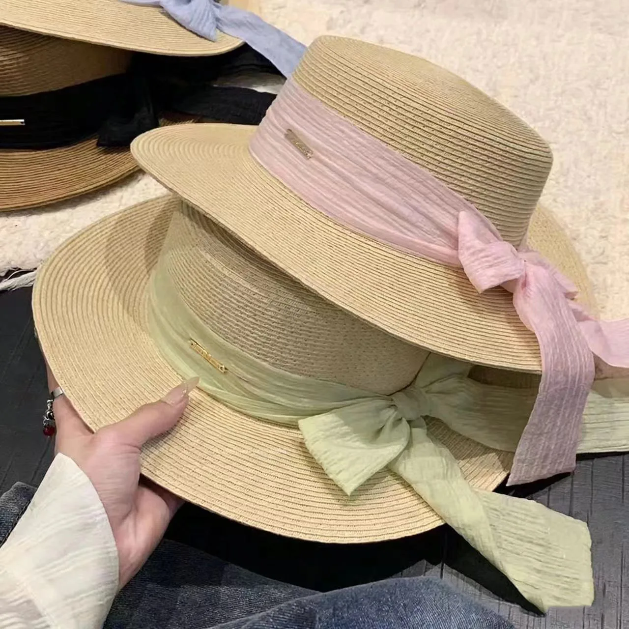 Bow Ribbon Flat Top Straw Hat for Women Summer Woven Straw Sun Hat Holiday Photography Face Sunshade Sun Protection Elegant Hat