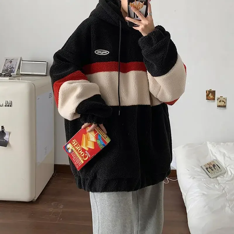 Korean Version Style Fashion Fleece Hoodies Women Patchwork Stripe Hooded Sweatshirts Couples Loose Coats  Casual Tops Pullover