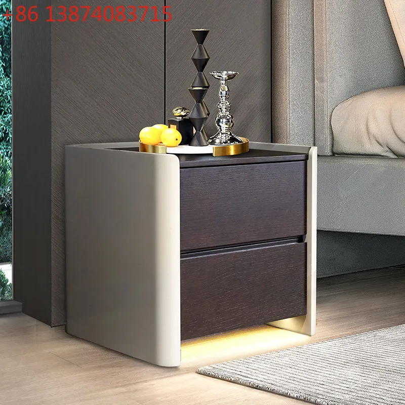 Italian modern bedroom locker, Nordic minimalist smoked wood sensor lamp bedside table