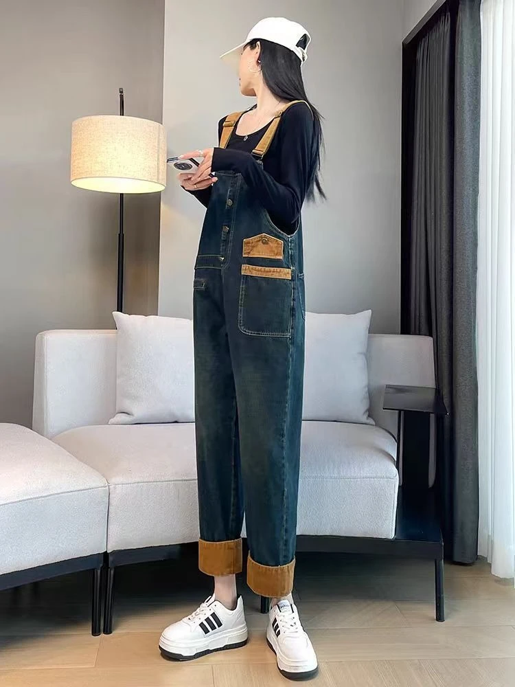 Spring Autumn Women Denim Bib Overall New 2026 American Retro Style Loose Fit Age Defying Effect Versatile Casual Wear