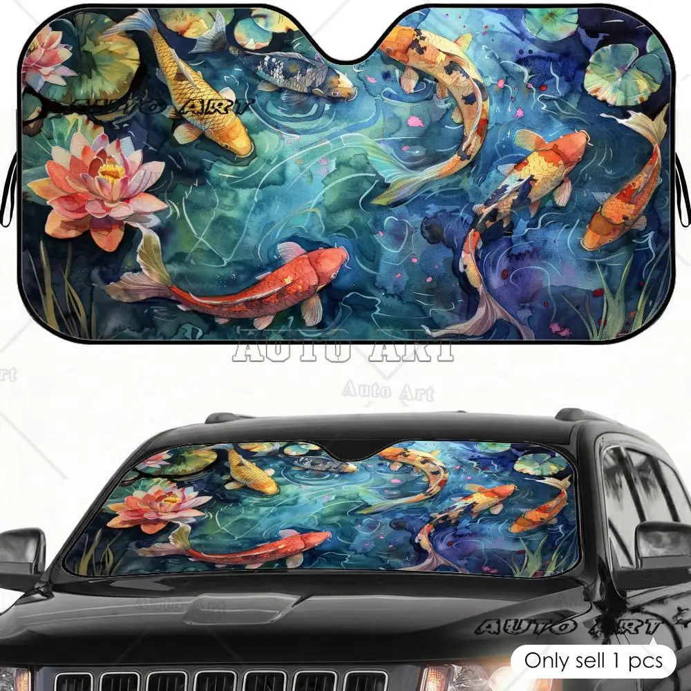 Koi And Lotus Sun Visor Car Windshield Sunshade UV Protection Reflective Foldable Heat Insulation Cover
