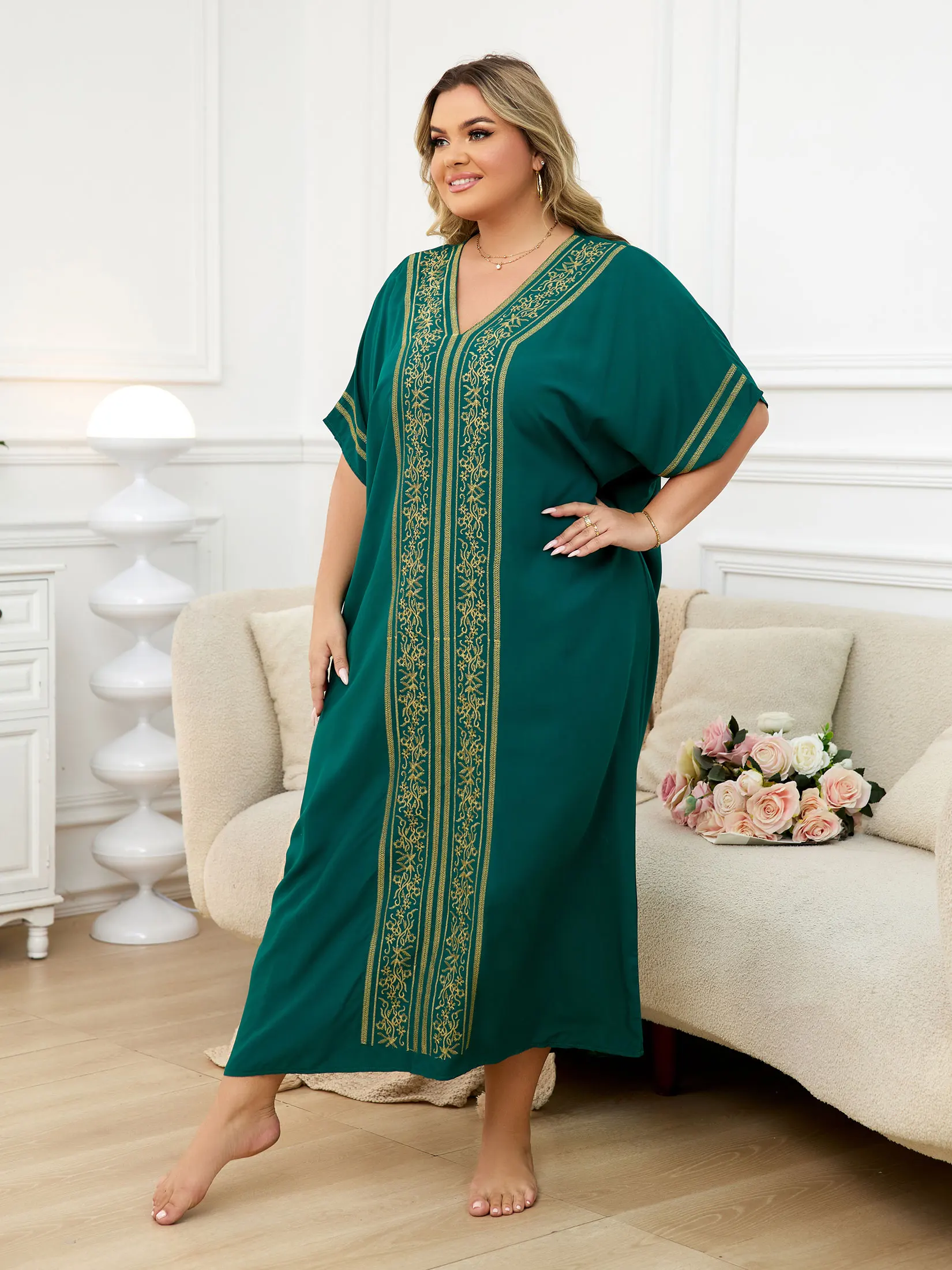 2024 Women Summer Plus Size Green Embroidery Printed Batwing Sleeve Kaftan Dress Beachwear Moo Moo Dresses Q1708