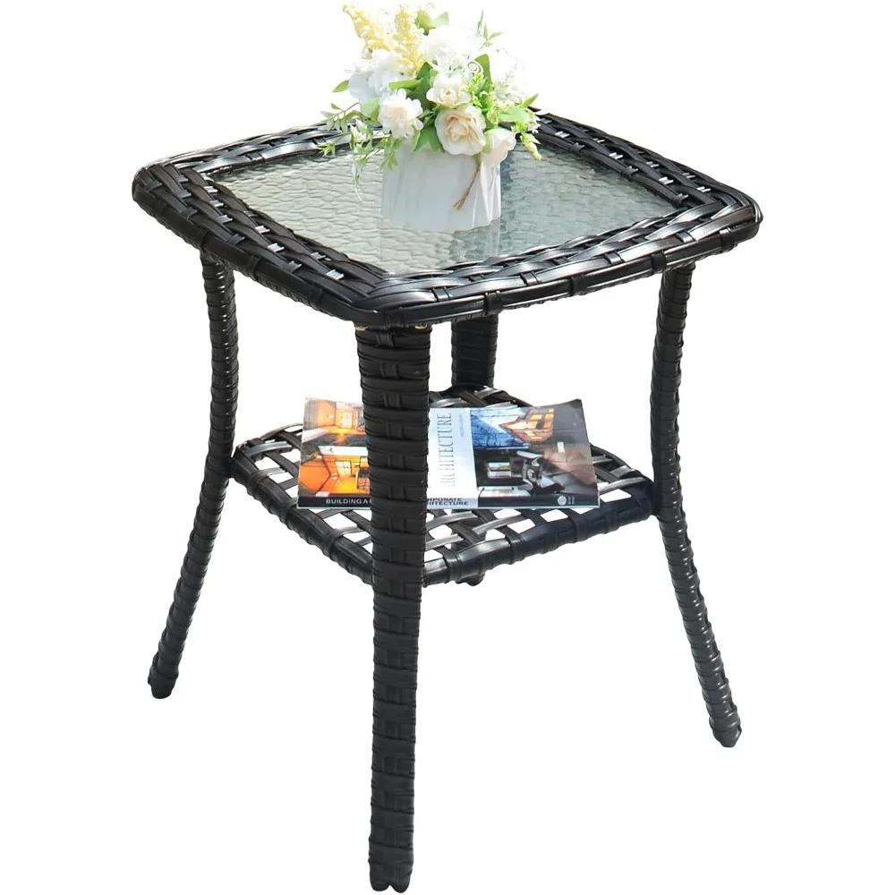 

Outdoor Side Table with Tempered Glass Top, Patio Wicker Rattan 2-Tier Storage Coffee End Tables for Porch Deck Balcony Ga