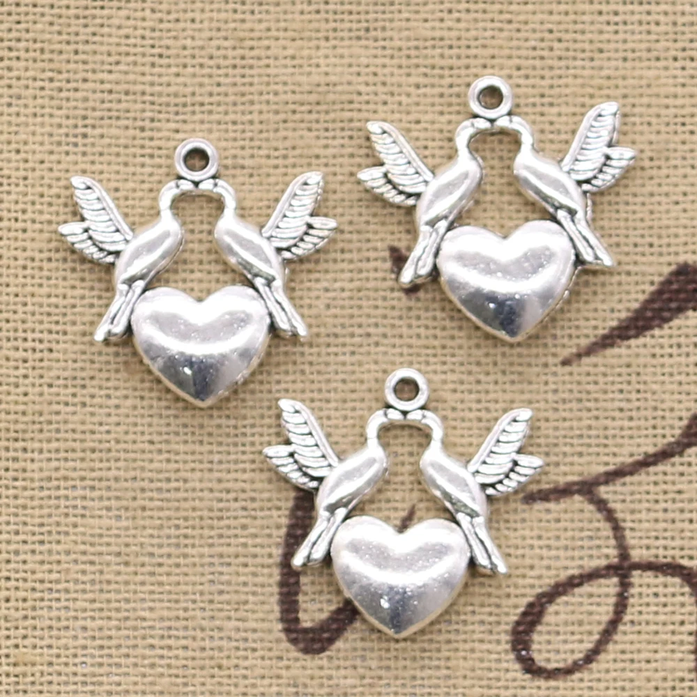 15pcs Charms Kissing Doves Birds Heart 21x21mm Antique Silver Color Pendants Making DIY Handmade Tibetan Silver Color Jewelry