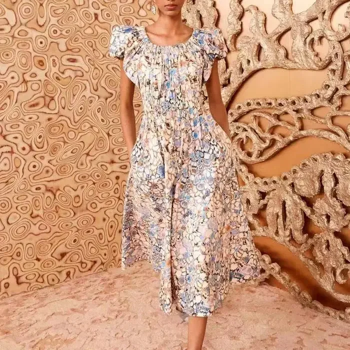 

Women's Maxi Robes 2024 New Spring Summer Cotton Flower Printed Slim High Waisted Vintage Midi Dress