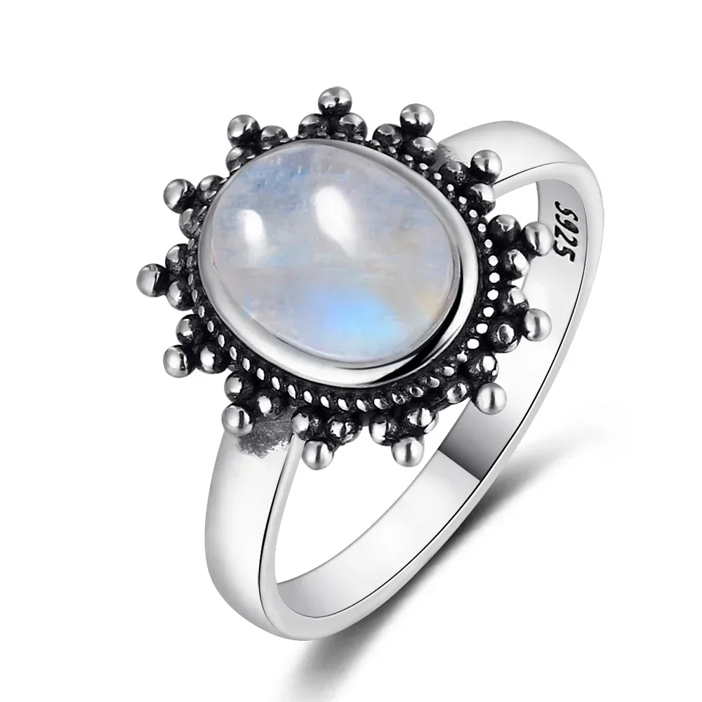 S925 Silver Ring Sun Shaped Natural Moonstone Ring Retro Wedding Ring Anniversary Jewelry Luxury Gift